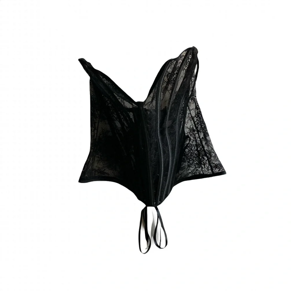 Fantasy Lingerie Lace Corset Size 2XL Black Sheer Mesh Bustier Lace Up Overbust